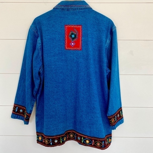 Life Style Y2K Embroidered Patchwork Denim Jean Button Down Shacket Jacket Shirt - Picture 4 of 10